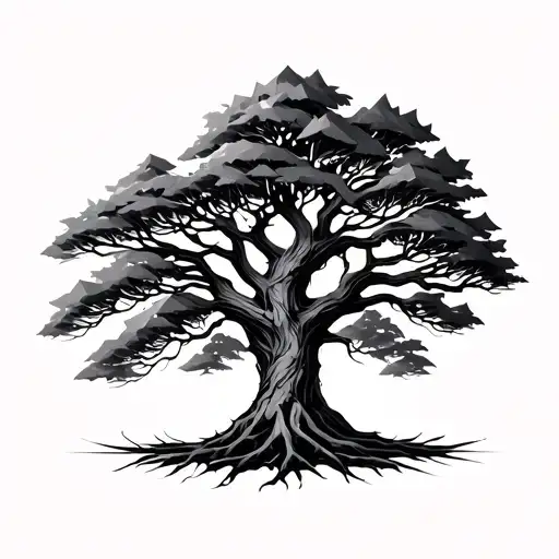 a bold ash tree, Yggdrasil-style, but geometric. Jagged, sharp lines for the trunk, fanning out into triangular branches tattoo design idea