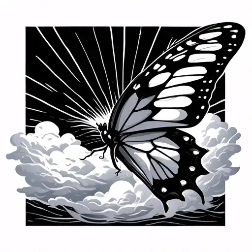 side angle of butterfly flying out of clouds and sun rays  tattoo design idea