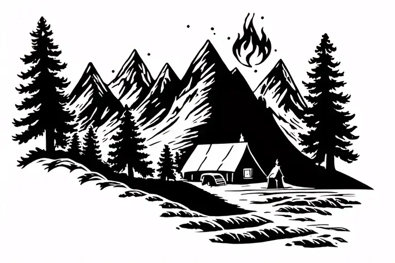Camping mountains fire tattoo design idea