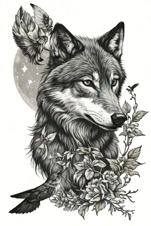 wolf and hummingbird silhouette tattoo design idea