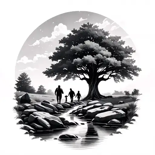 A realistic stream with rocks and stone leading up to an oak tree. mom, dad, and baby walking up to the tree  tattoo design idea