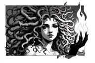 Medusa holding a flame that illuminates her face. tattoo design idea