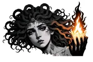 Medusa holding a flame that illuminates her face. tattoo design idea