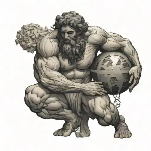 FRONT VIEW OF GREEK MYTHOLOGY GOD ATLAS CROUCHING CARRYING THE EARTH ON HIS BACK WITH GEOMETRICAL ELEMENTS  tattoo design idea