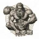 FRONT VIEW OF GREEK MYTHOLOGY GOD ATLAS CROUCHING CARRYING THE EARTH ON HIS BACK WITH GEOMETRICAL ELEMENTS  tattoo design idea