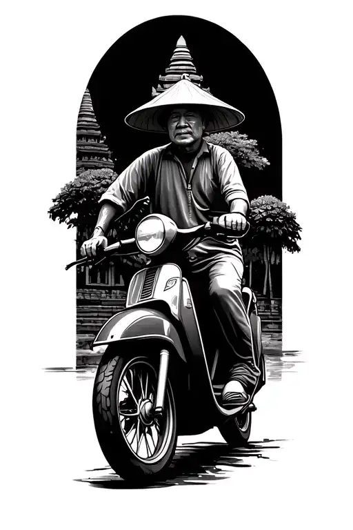 circle with Fuji, Angkor, one men on a scooter with Vietnamese hat tattoo design idea