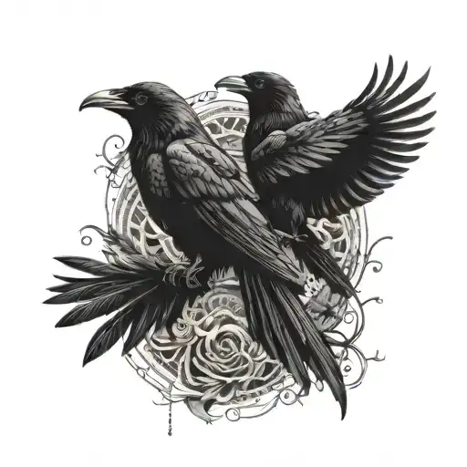  raven and a crow circling together in dark, ominous motion, with black feathers and intricate detailing. The background tattoo design idea