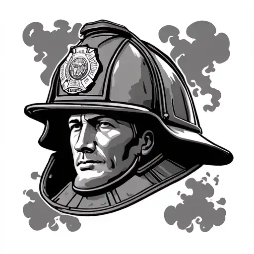 70s uk firefighter station officer helmet with smoke in background  tattoo design idea