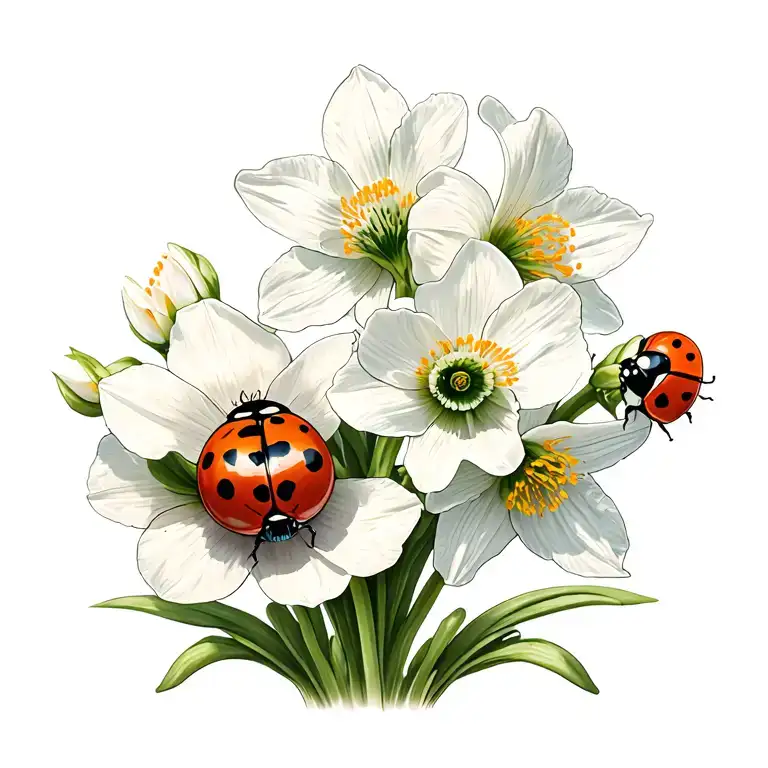 ladybug with poppy and paperwhite narcissus flower tattoo design idea