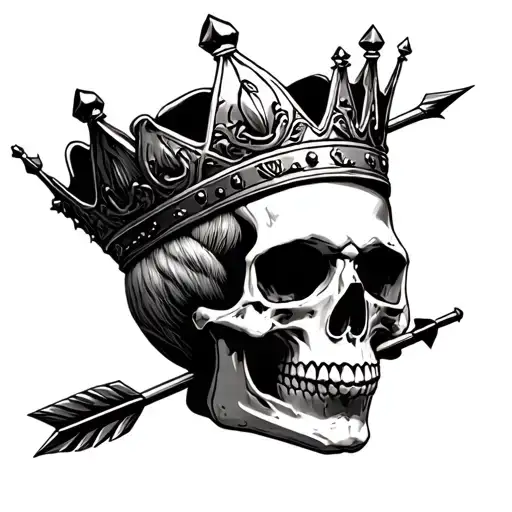 "No Gods, No Kings" Human skull wearing a kings crown, with arrow piercing skull. Dramatic feeling tattoo design idea