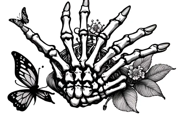 skeleton hand with wedding band on ring finger, small butterfly on pointer finger (Corpse Bride Emily inspired) (small)  tattoo design idea