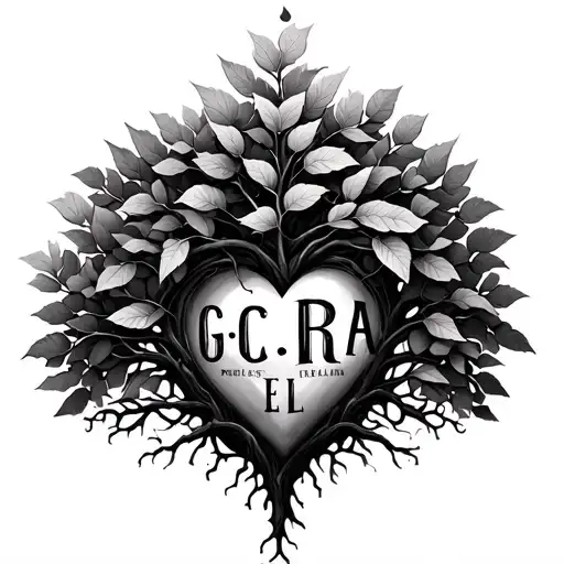 Tree of life with letters G C R A E L large leaves that fall heart tattoo design idea