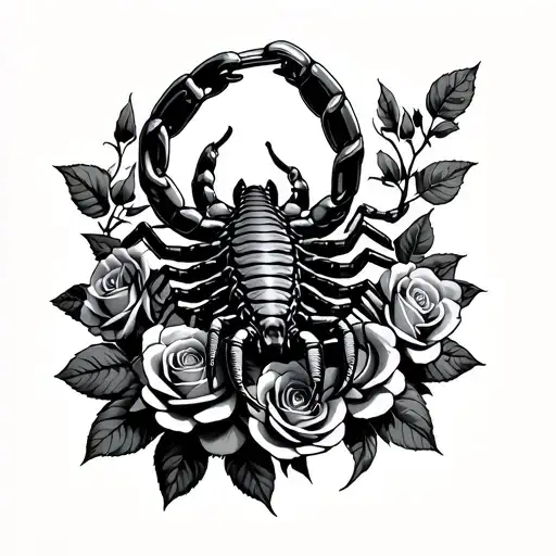 scorpion crawling wear Cuban link chain surrounded by roses tattoo design idea