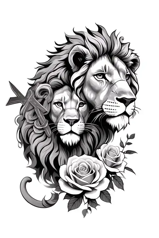 Lion Mama with kind and rosen and cross and roses tattoo design idea