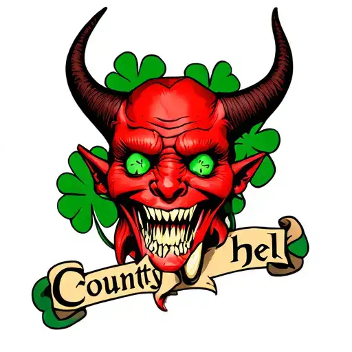 demon head with shamrock eyes that says county hell  tattoo design idea