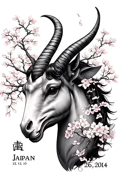 capricorn with sakura tree and japanese strenght and patience with japan word and my date 26.12.2004  tattoo design idea