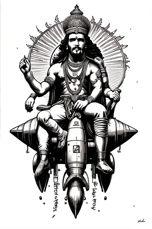 hindu deity sits next to che guevara and they ride on a rocket ship  tattoo design idea