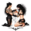 "With a dongeon, whips,collars," s&M scene with man kneeling worshiping at a sexy womans feet while she stands. tattoo design idea