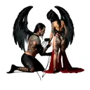 "With a dongeon, whips,collars," s&M scene with man kneeling worshiping at a sexy womans feet while she stands. tattoo design idea