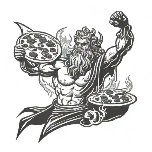 Zeus wielding lightning while cooking a pizza tattoo design idea