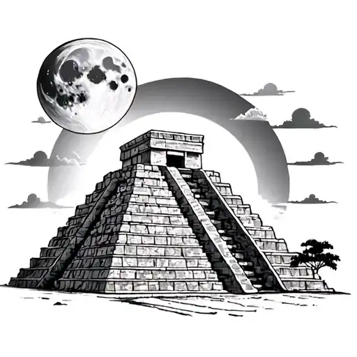 chichen itza with sun and moon above tattoo design idea
