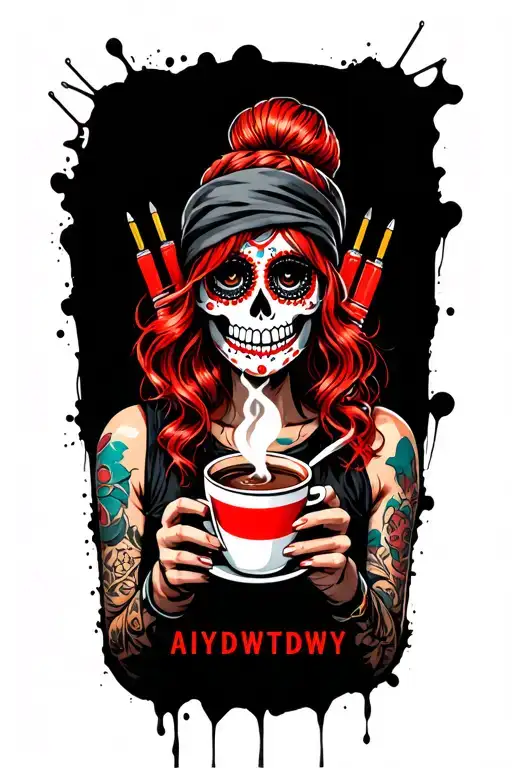 "AIYDIWTDWY" sugar skull with red hair in a bun wearing a hair scarf with crochet hooks in her hair holding a steaming cup of coffee tattoo design idea