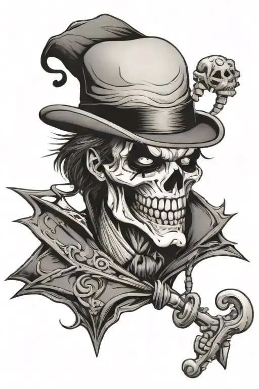 skeleton joker choosing betwin a happy face mask or a sad mask face  tattoo design idea