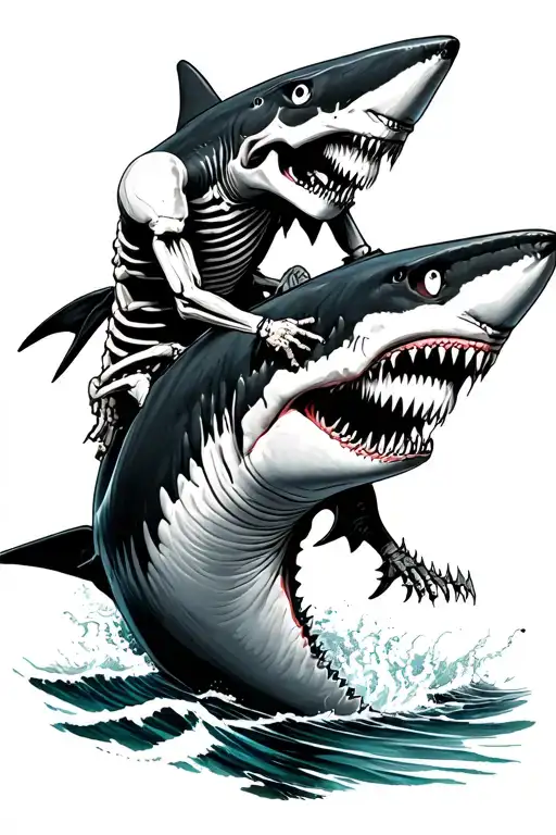 skeleton riding a shark tattoo design idea