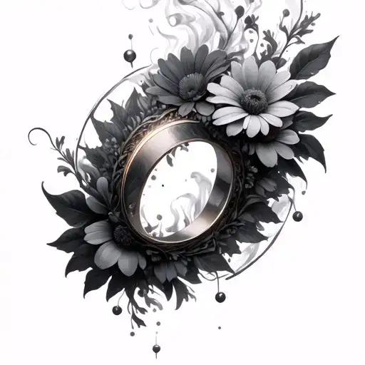 I want a negative halo ring with pretty flowers levitating out of it in a line with shaded smoke  tattoo design idea