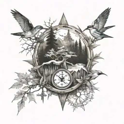 music and nature trees birds and guitar or piano keys mountain kingfisher compass tattoo design idea