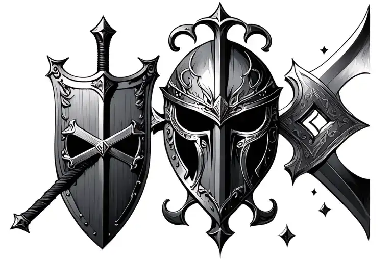sword and shield helmet cross tattoo design idea