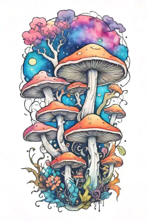 trippy wood-loving mushroom mural with universe inside. inky black lines. tincture vivid and colorful tattoo design idea