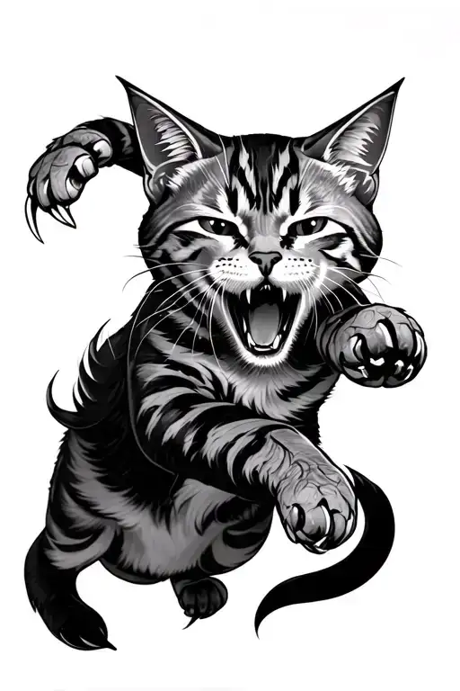 tattoo of an aggressive cat in a dynamic jump, with an extended front paw and natural claws.The style is neo-Japanese tattoo design idea