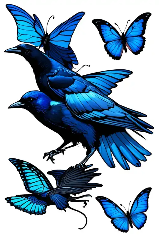 blue butterflies flying with crows tattoo design idea