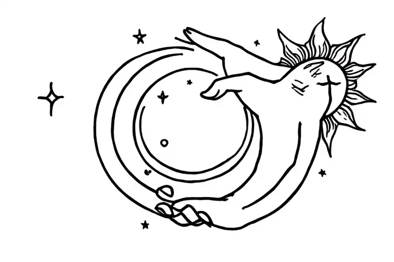sun, moon and stars dancing while holding hands tattoo design idea