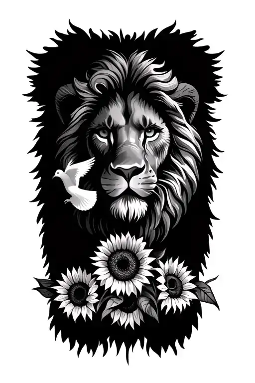 awesome lion symbolizes faith in Christ surrounded with sunflowers and doves tattoo design idea
