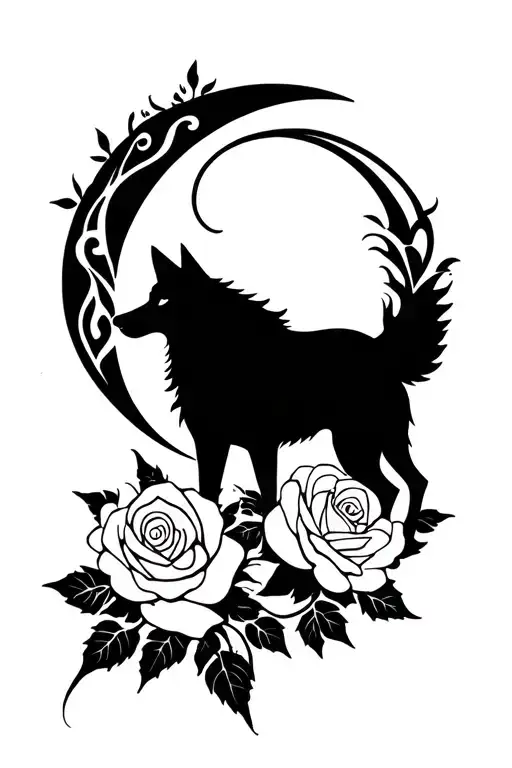 Wolf and roses intertwined and moon tattoo design idea