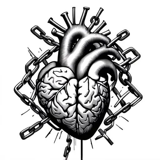 anatomical heart and brain surrounded by broken chain tattoo design idea