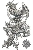 Yggdrasil, Mjolnir and Persian Simurgh in one singular cohesive design. Realism tattoo tattoo design idea