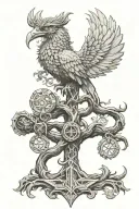 Yggdrasil, Mjolnir and Persian Simurgh in one singular cohesive design. Realism tattoo tattoo design idea