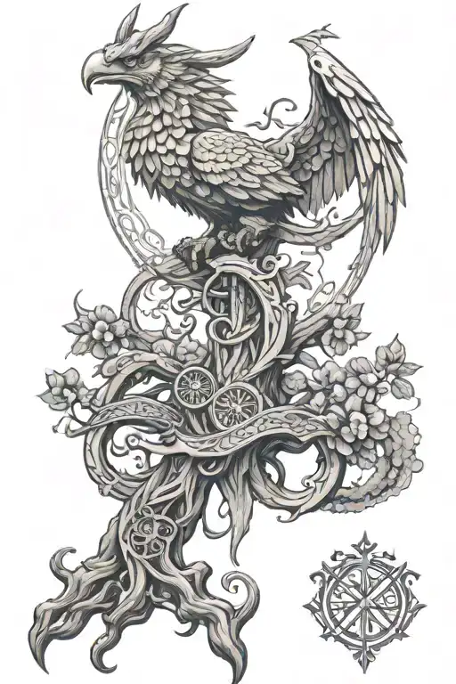 Yggdrasil, Mjolnir and Persian Simurgh in one singular cohesive design. Realism tattoo tattoo design idea