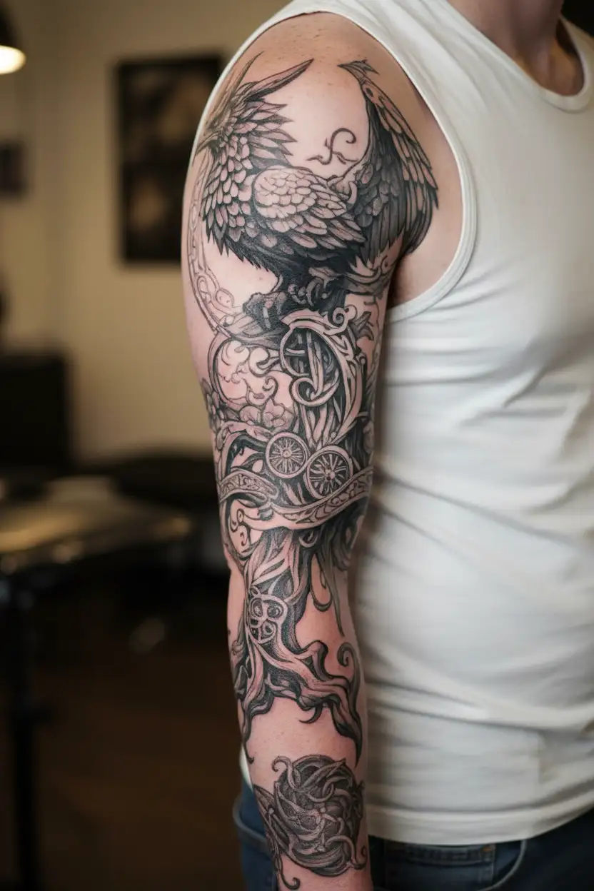 Yggdrasil, Mjolnir and Persian Simurgh in one singular cohesive design. Realism tattoo tattoo design idea