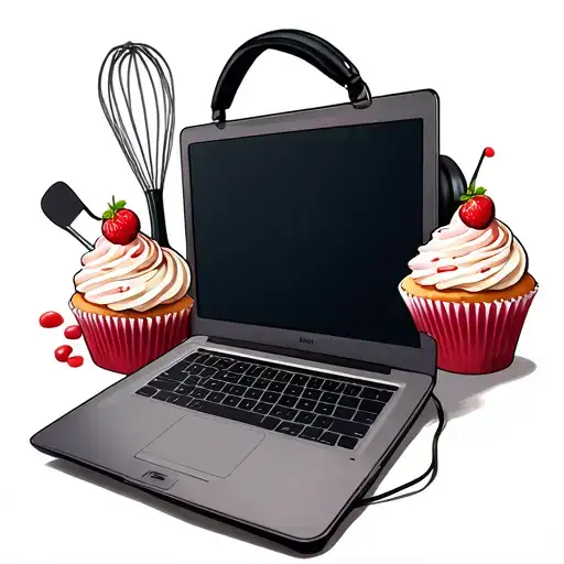 headset with mic, spatula, whisk, cupcake, laptop tattoo design idea