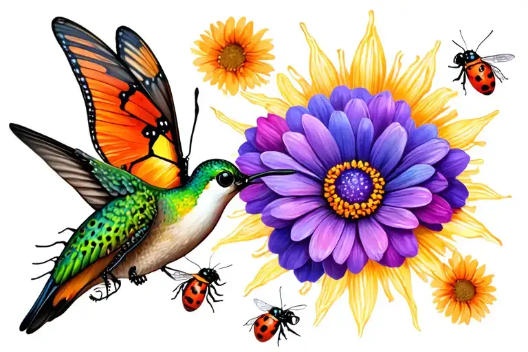 ladybugs, flowers, butterfly, sun, hummingbird, bees tattoo design idea