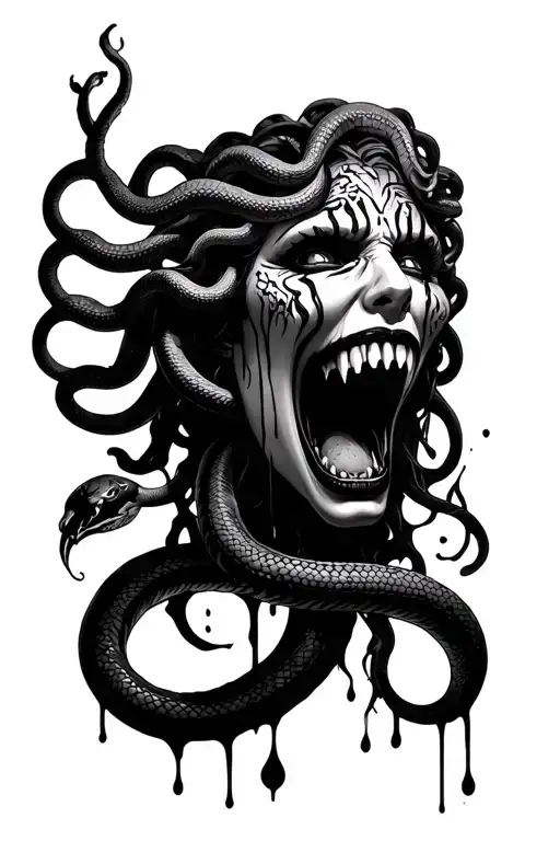Medusa with snakes and crying black with black blood coming out mouth with closed mouth and front facing tattoo design idea