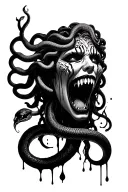 Medusa with snakes and crying black with black blood coming out mouth with closed mouth and front facing tattoo design idea