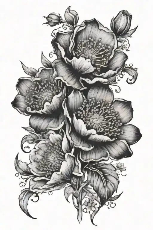 I want a black detailed tattoo that has a few buttercup flowers with some filler plants and has shading in the backgroun tattoo design idea