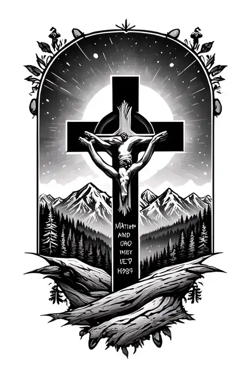 cross with verse Matthew 22:39 and Colorado mountains in the background tattoo design idea