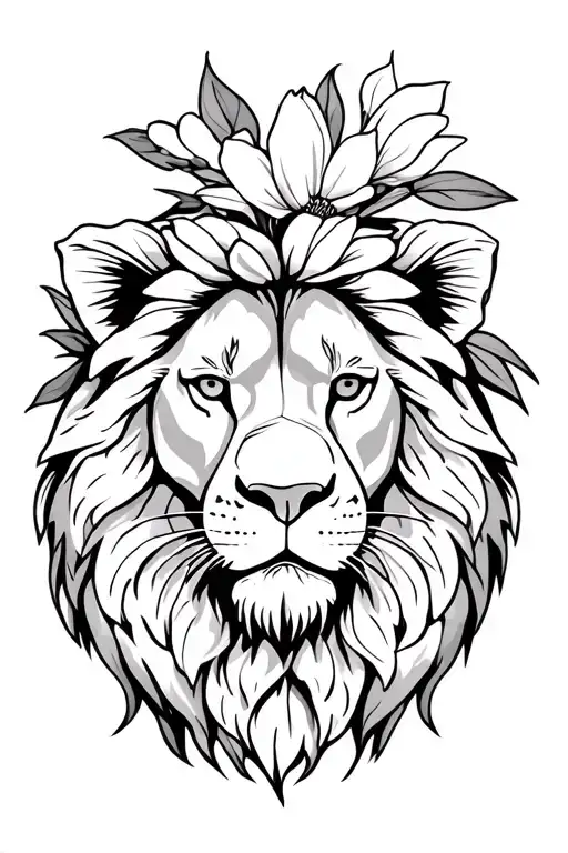 lion and magnolia flowers tattoo design idea