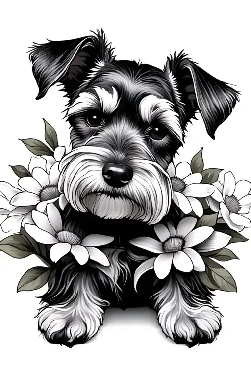 miniature schnauzer dog with flowers intertwined tattoo design idea